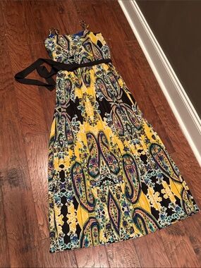 Collective Concepts Yellow Paisley Spaghetti-Strap Maxi Dress with Black Tie